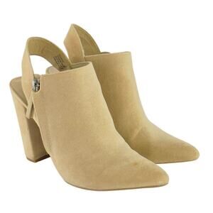 ShoeDazzle Katherine Pointed Toe Mules Tan Faux Suede Slingback Heels Size 8.5